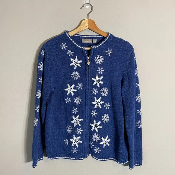 Vtg Croft & Barrow Snowflake Christmas Silk Full Zip Sweater Women's Small Blue - Picture 2 of 12